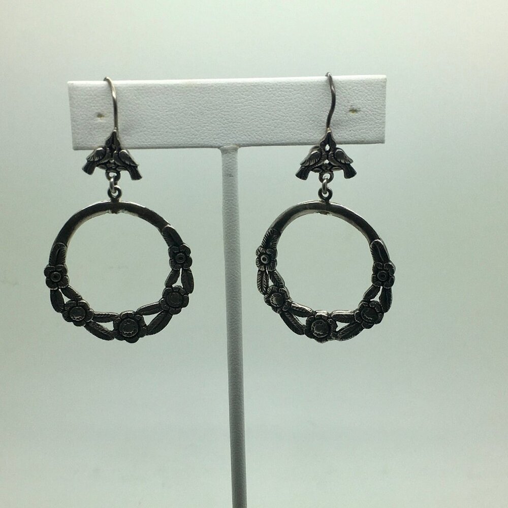 Vintage Sterling Silver Lovebirds Floral Flower Earrings Dangling Hoop